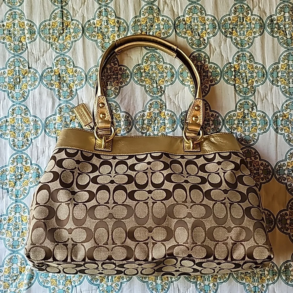 Coach Penelope Signature C Jacquard Metallic Gold Leather Tote Bag F15533